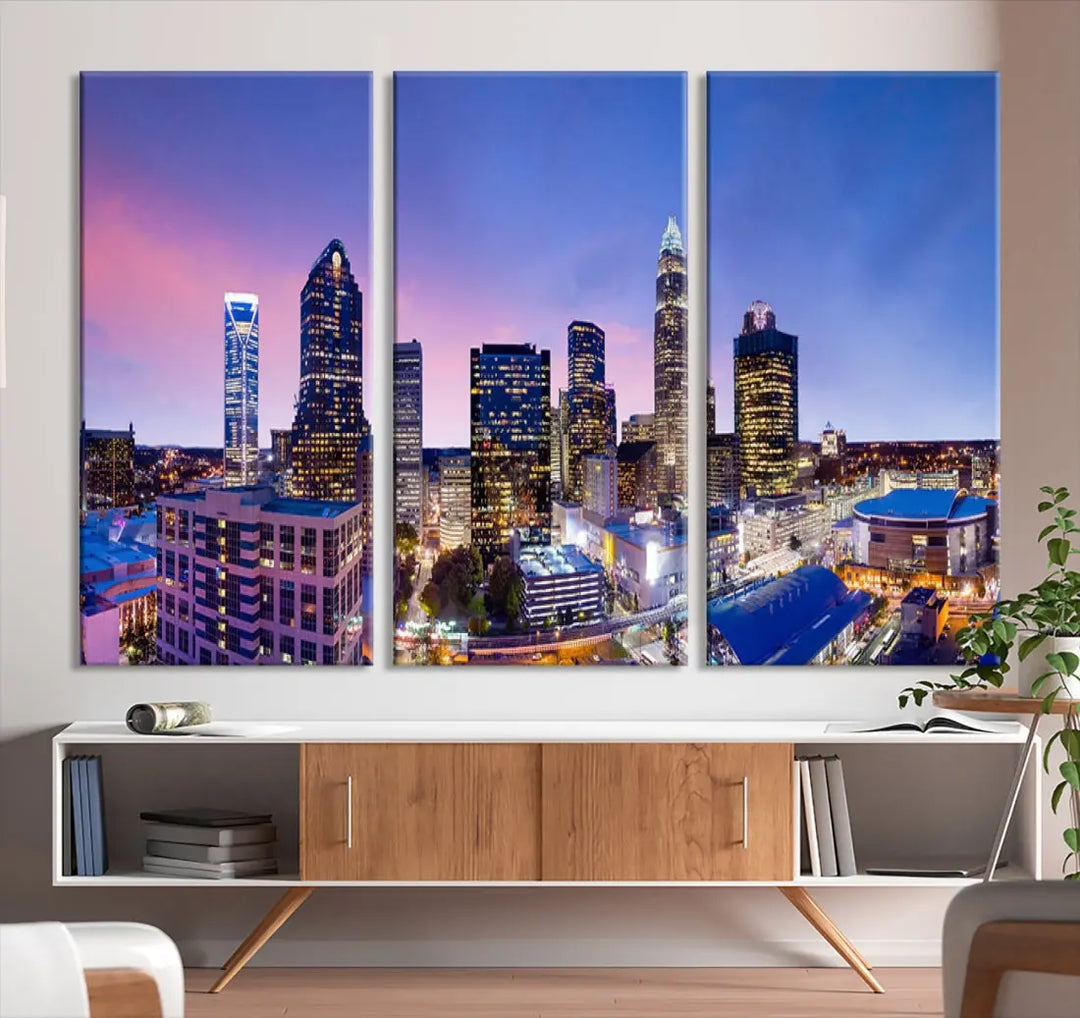 Charlotte City Pastel Blue Skyline at Sunset Large Wall Art Canvas Print