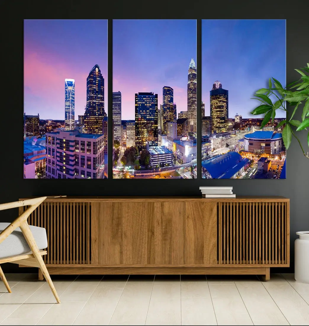 Charlotte City Pastel Blue Skyline at Sunset Large Wall Art Canvas Print