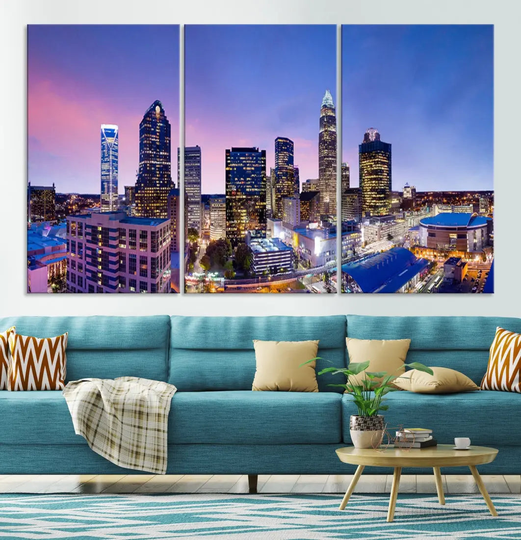 Charlotte City Pastel Blue Skyline at Sunset Large Wall Art Canvas Print