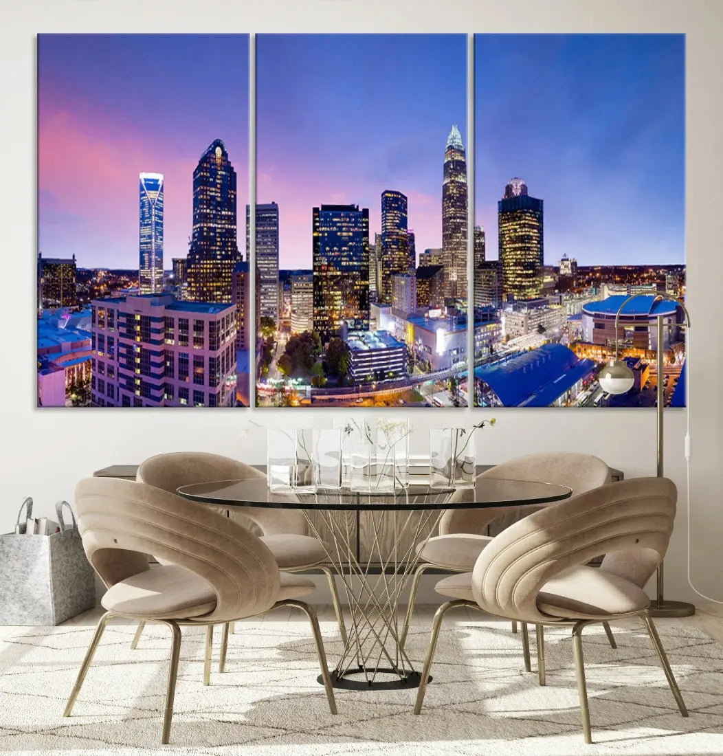 Charlotte City Pastel Blue Skyline at Sunset Large Wall Art Canvas Print