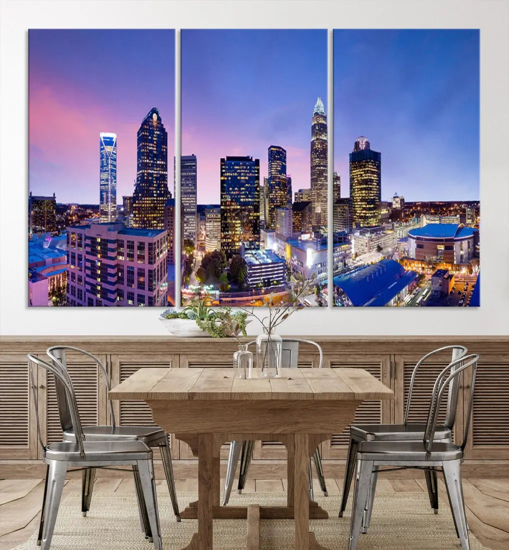 Charlotte City Pastel Blue Skyline at Sunset Large Wall Art Canvas Print