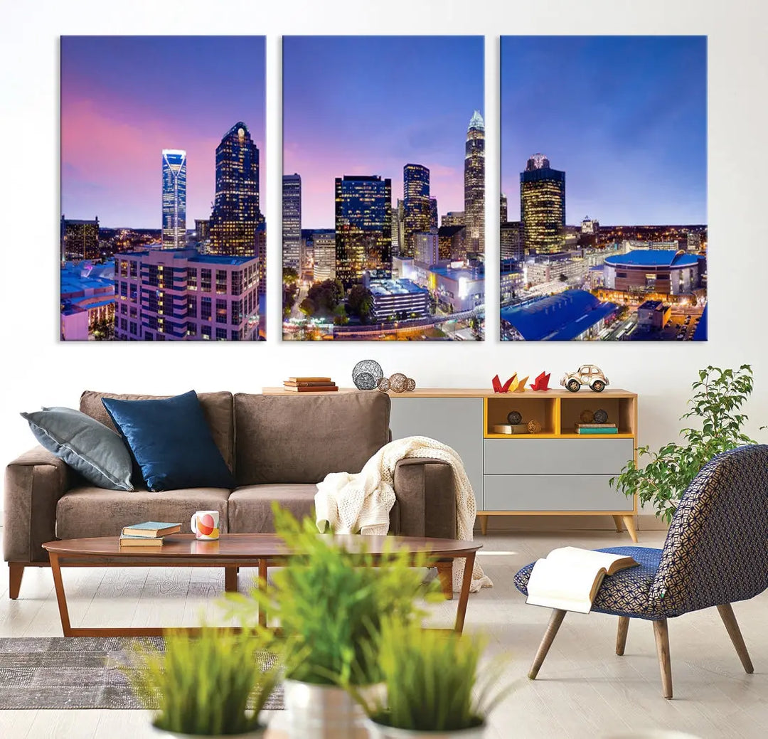 Charlotte City Pastel Blue Skyline at Sunset Large Wall Art Canvas Print