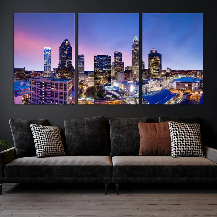 Charlotte City Pastel Blue Skyline at Sunset Large Wall Art Canvas Print