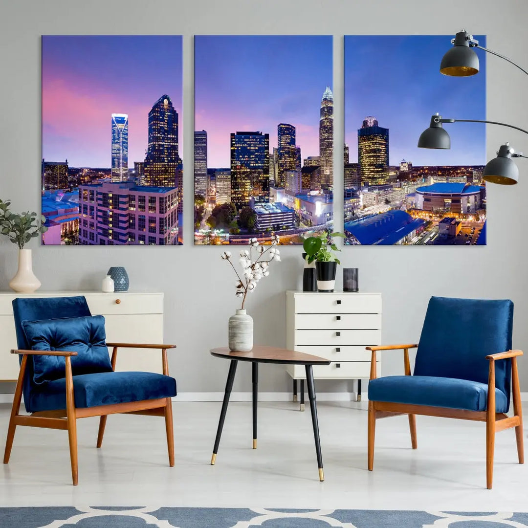 Charlotte City Pastel Blue Skyline at Sunset Large Wall Art Canvas Print