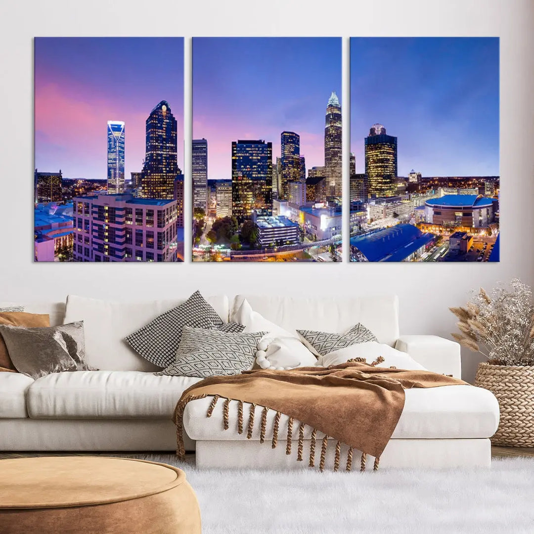 Charlotte City Pastel Blue Skyline at Sunset Large Wall Art Canvas Print