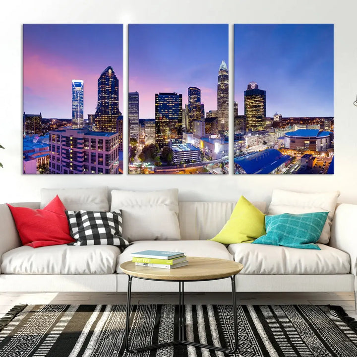 Charlotte City Pastel Blue Skyline at Sunset Large Wall Art Canvas Print