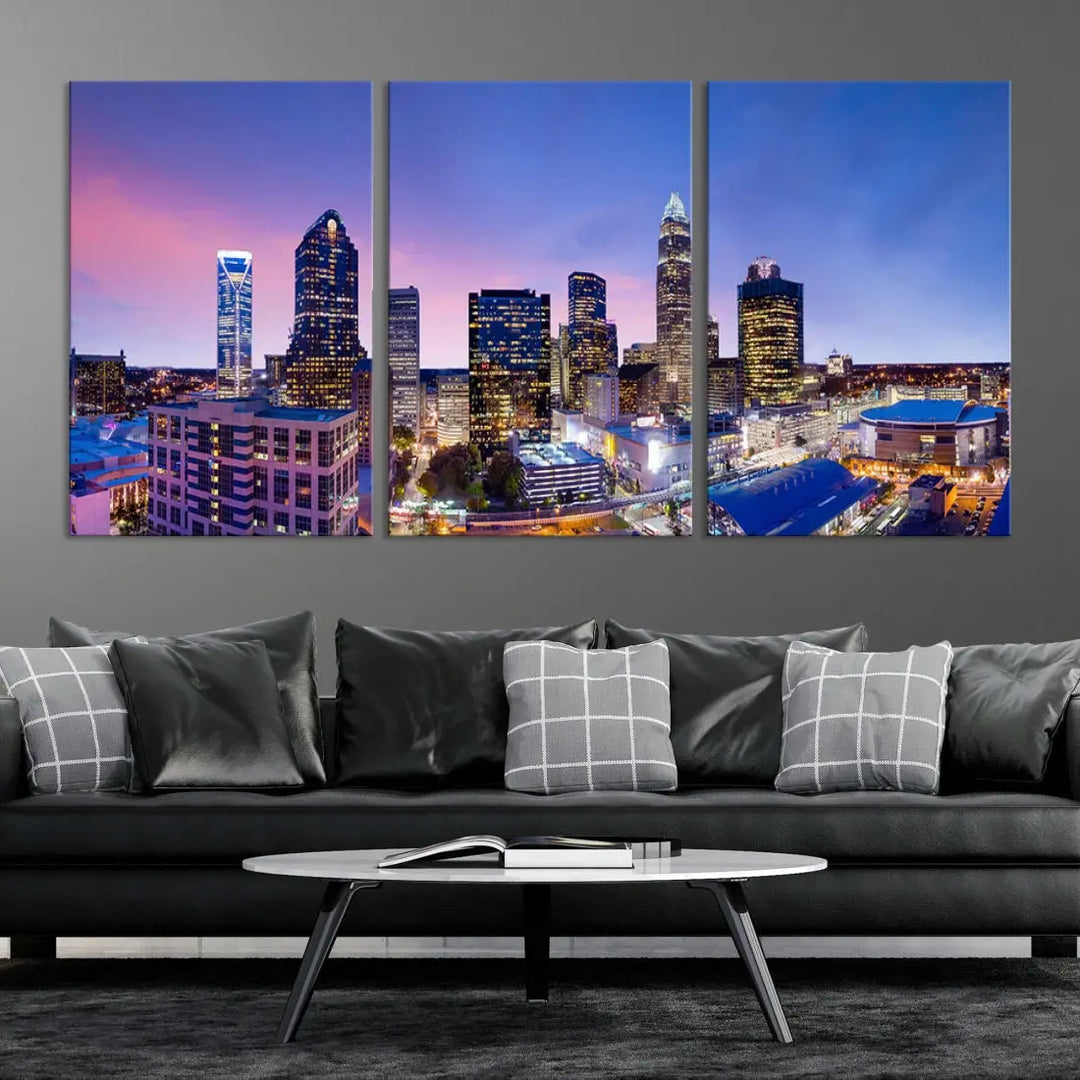 Charlotte City Pastel Blue Skyline at Sunset Large Wall Art Canvas Print