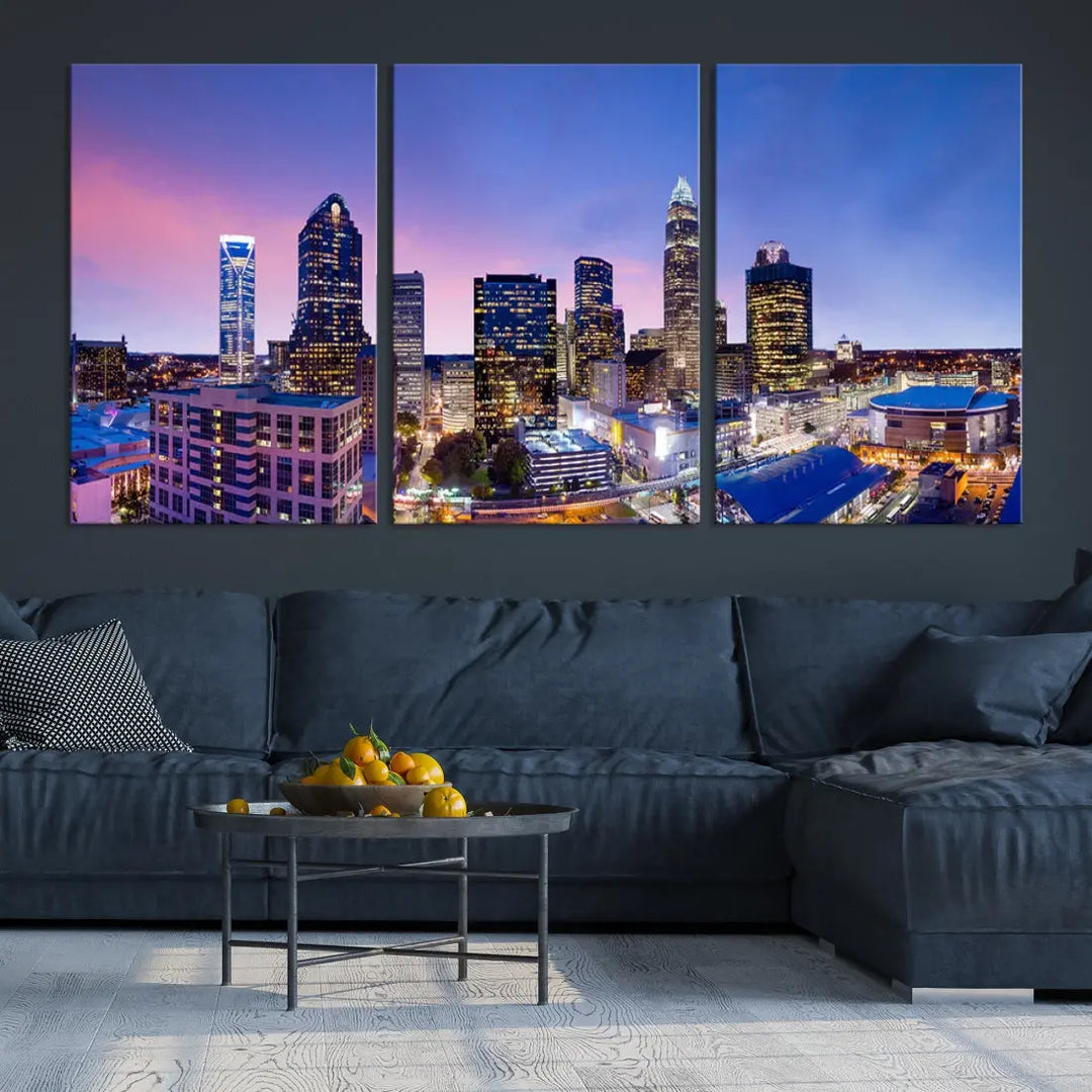 Charlotte City Pastel Blue Skyline at Sunset Large Wall Art Canvas Print