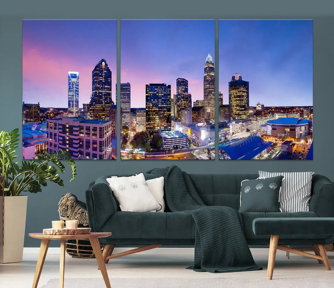 Charlotte City Pastel Blue Skyline at Sunset Large Wall Art Canvas Print