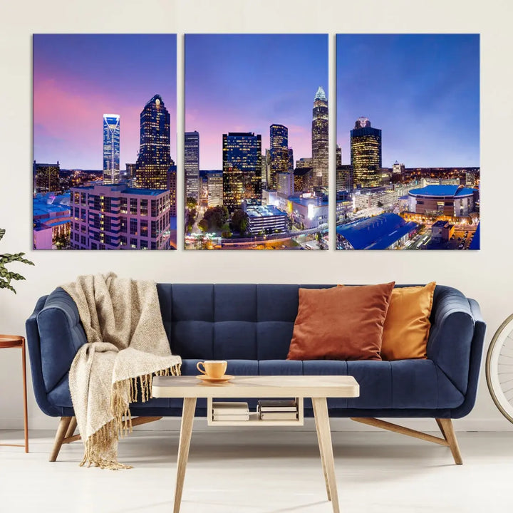 Charlotte City Pastel Blue Skyline at Sunset Large Wall Art Canvas Print