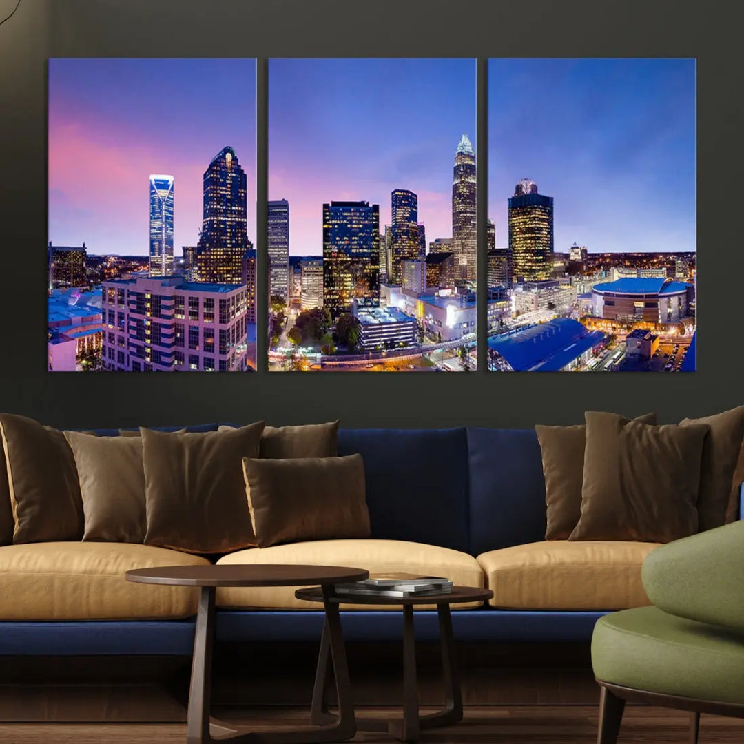 Charlotte City Pastel Blue Skyline at Sunset Large Wall Art Canvas Print