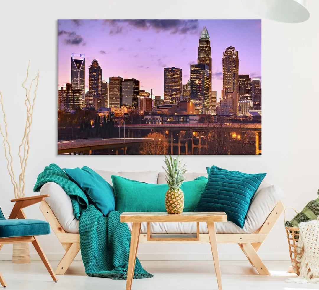 Charlotte City Purple Skyline Sunset Wall Art Cityscape Canvas Print