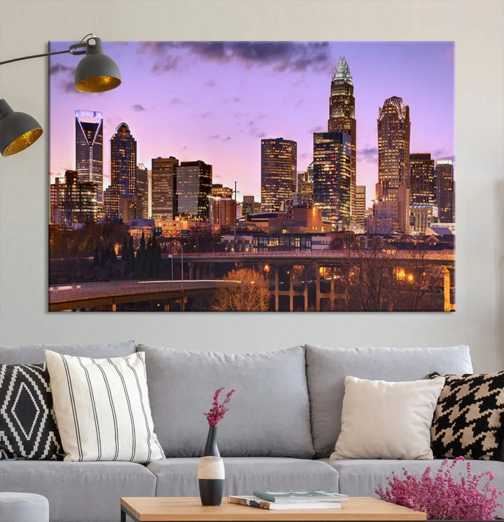 Charlotte City Purple Skyline Sunset Wall Art Cityscape Canvas Print