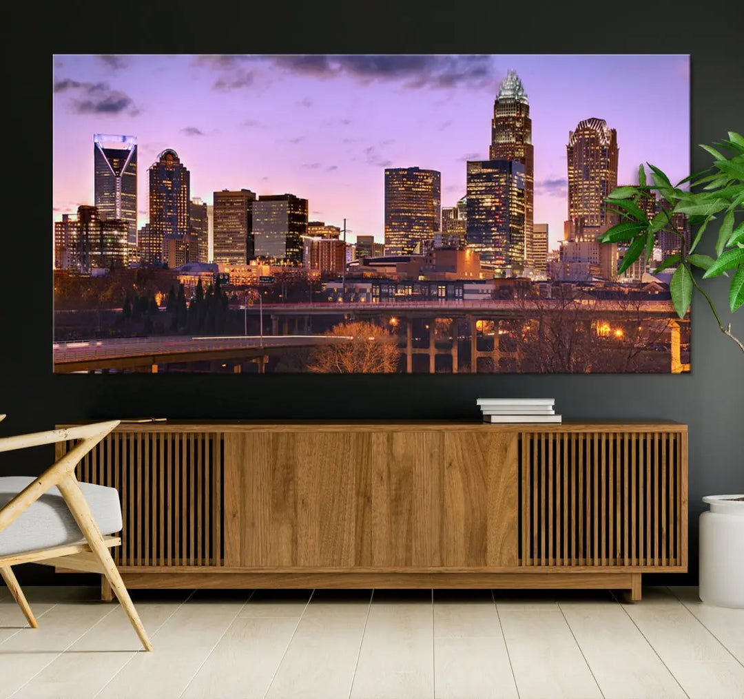 Charlotte City Purple Skyline Sunset Wall Art Cityscape Canvas Print