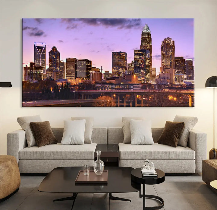 Charlotte City Purple Skyline Sunset Wall Art Cityscape Canvas Print