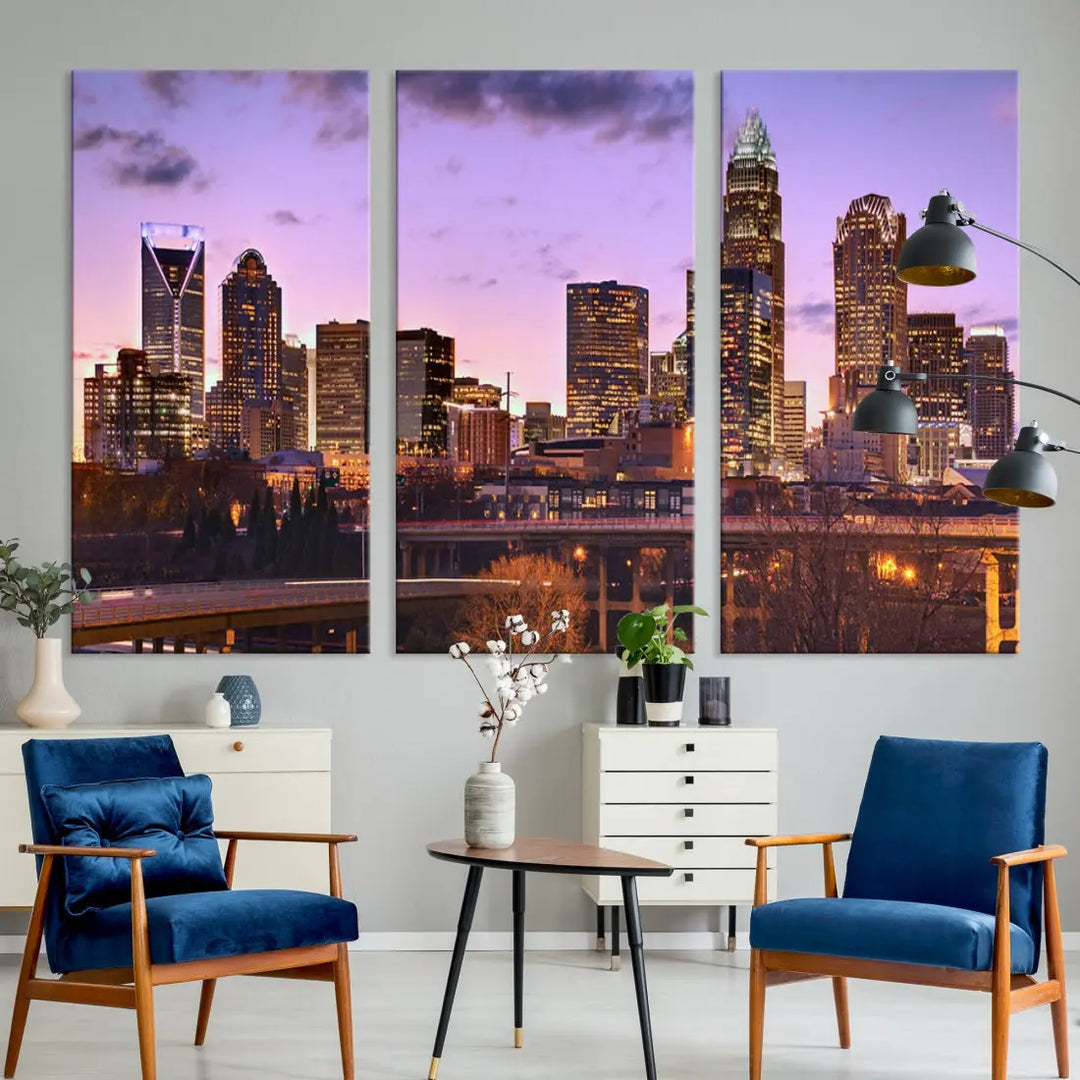 Charlotte City Purple Skyline Sunset Wall Art Cityscape Canvas Print