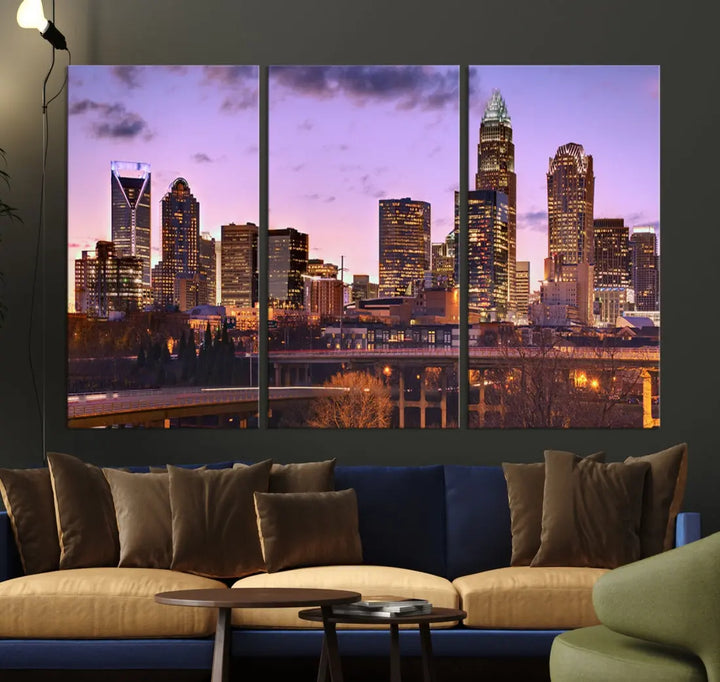 Charlotte City Purple Skyline Sunset Wall Art Cityscape Canvas Print