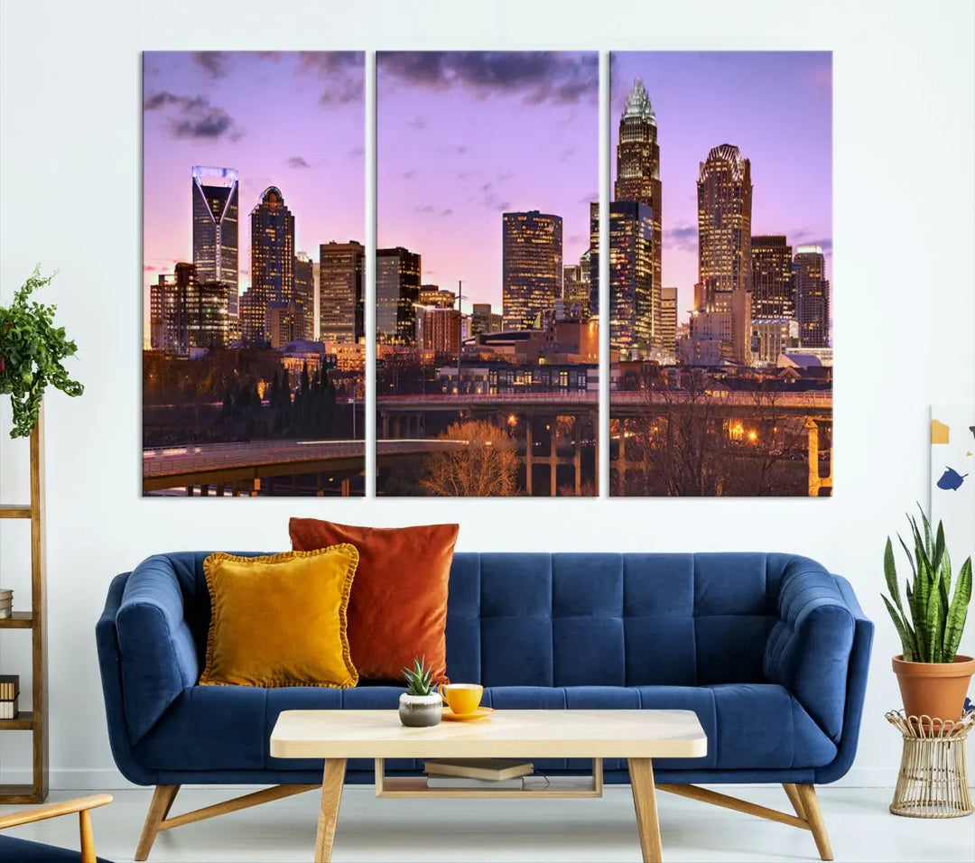 Charlotte City Purple Skyline Sunset Wall Art Cityscape Canvas Print