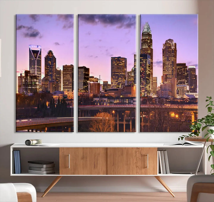 Charlotte City Purple Skyline Sunset Wall Art Cityscape Canvas Print