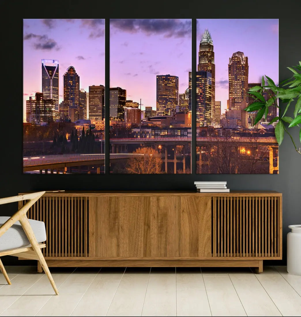 Charlotte City Purple Skyline Sunset Wall Art Cityscape Canvas Print