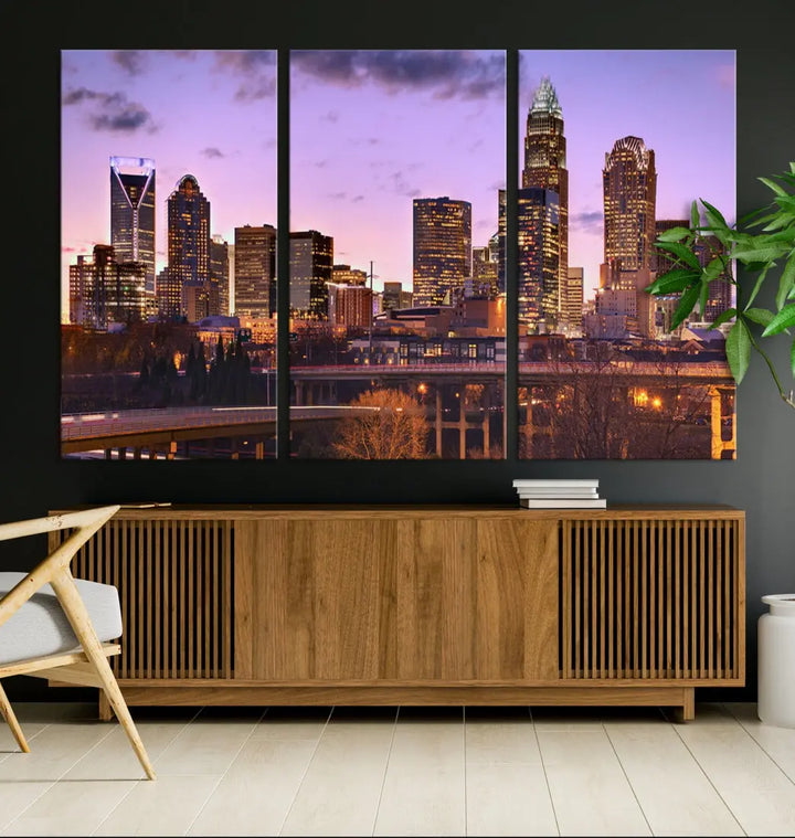 Charlotte City Purple Skyline Sunset Wall Art Cityscape Canvas Print