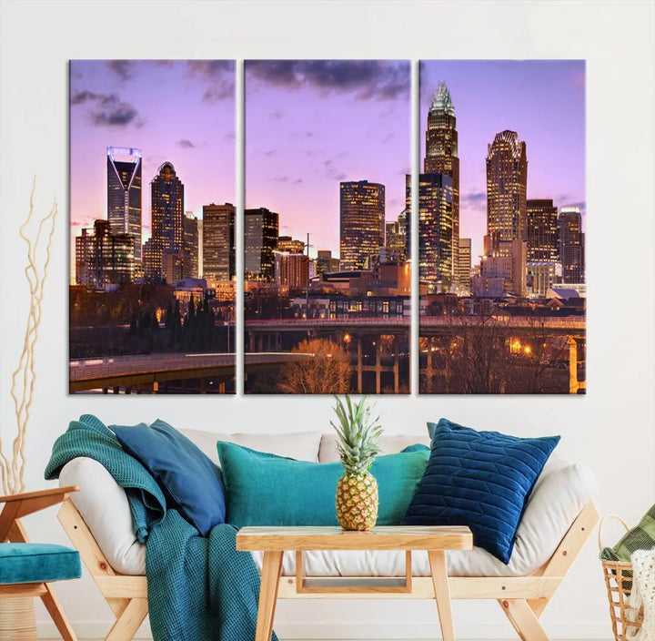 Charlotte City Purple Skyline Sunset Wall Art Cityscape Canvas Print