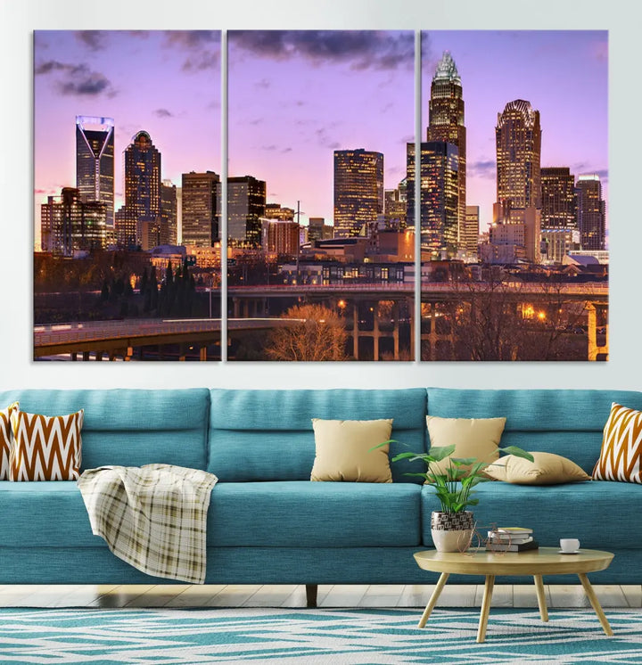 Charlotte City Purple Skyline Sunset Wall Art Cityscape Canvas Print