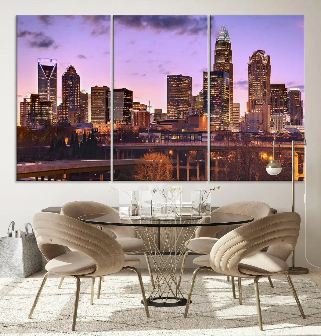 Charlotte City Purple Skyline Sunset Wall Art Cityscape Canvas Print