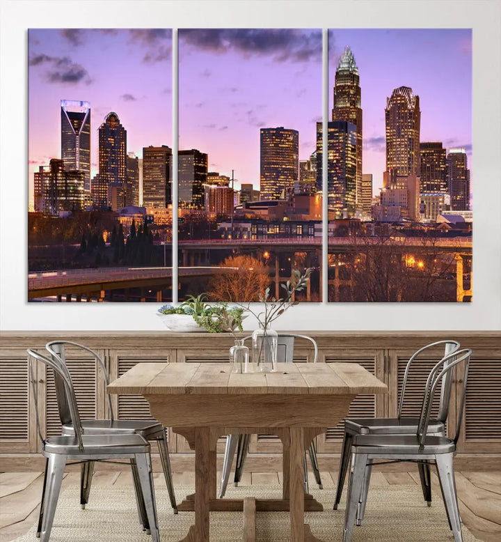 Charlotte City Purple Skyline Sunset Wall Art Cityscape Canvas Print