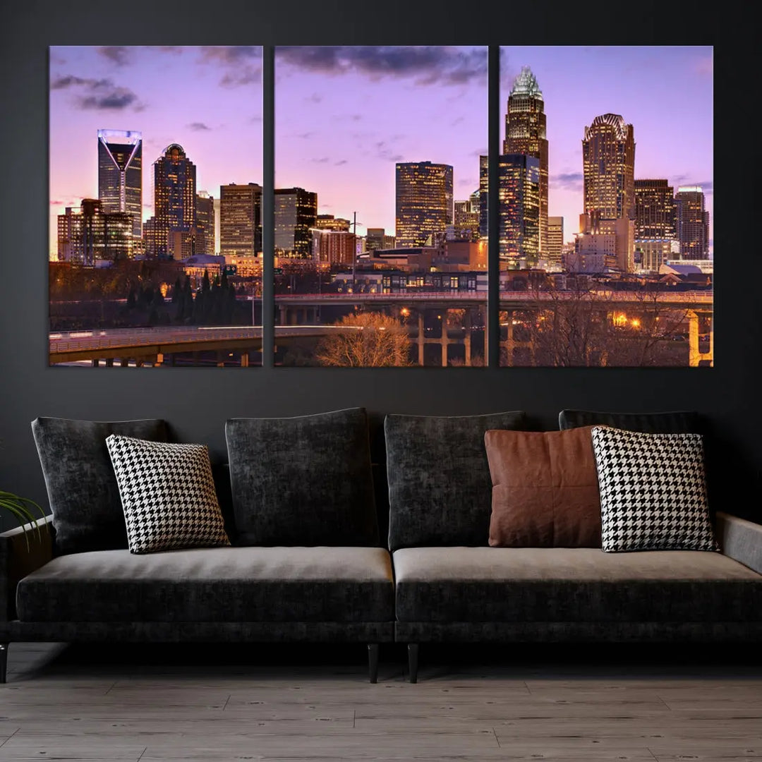 Charlotte City Purple Skyline Sunset Wall Art Cityscape Canvas Print