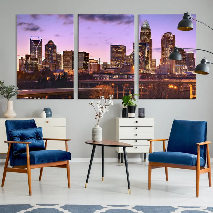 Charlotte City Purple Skyline Sunset Wall Art Cityscape Canvas Print