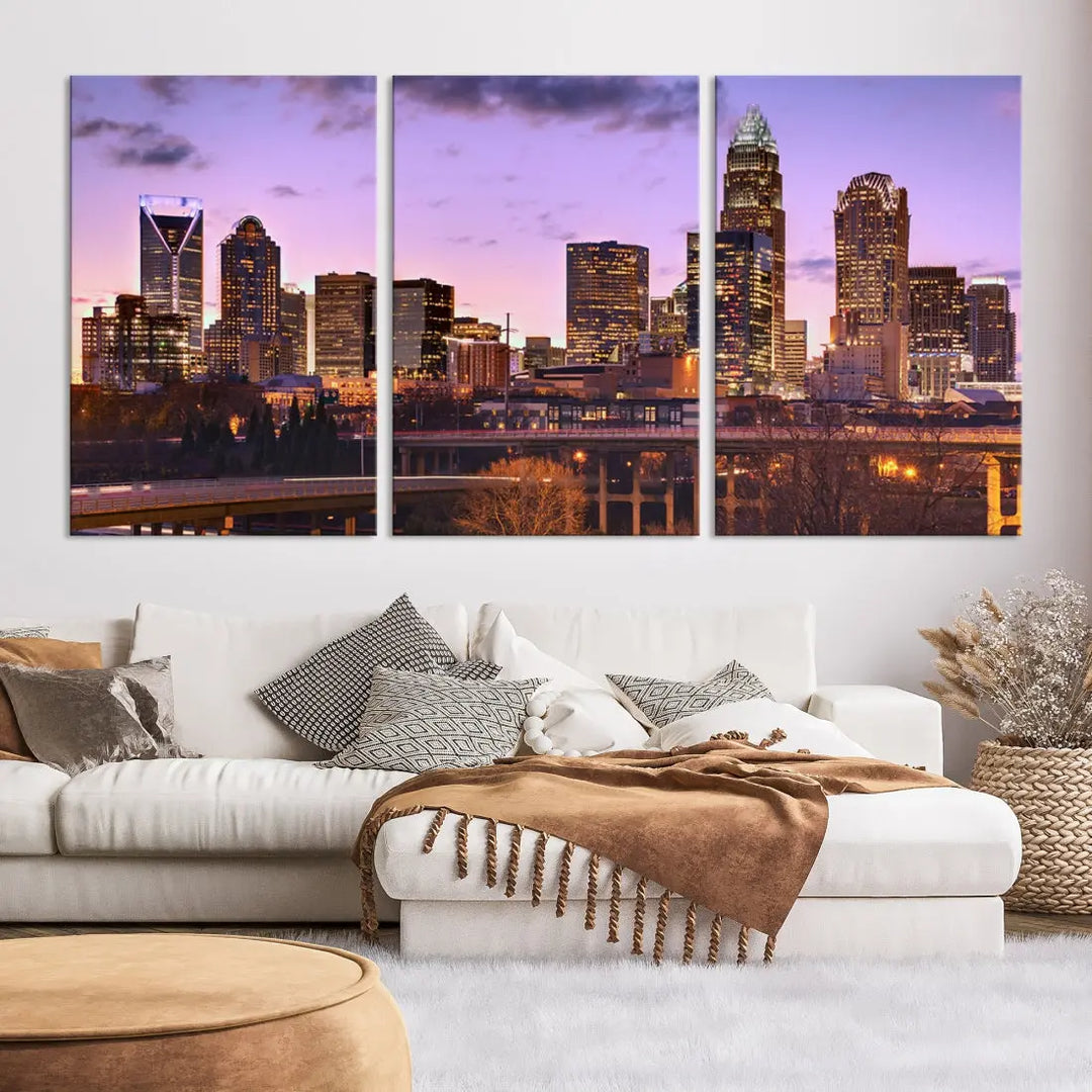 Charlotte City Purple Skyline Sunset Wall Art Cityscape Canvas Print