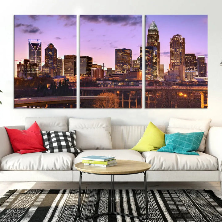 Charlotte City Purple Skyline Sunset Wall Art Cityscape Canvas Print