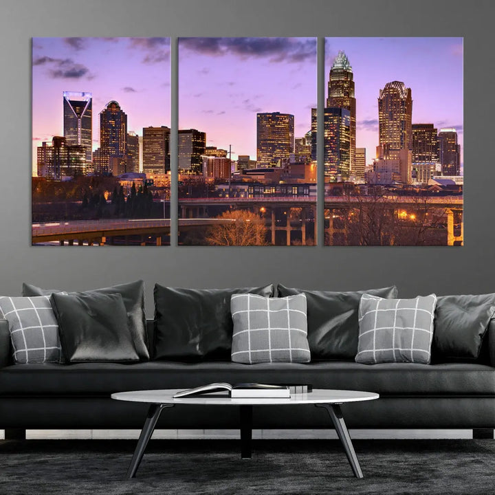 Charlotte City Purple Skyline Sunset Wall Art Cityscape Canvas Print