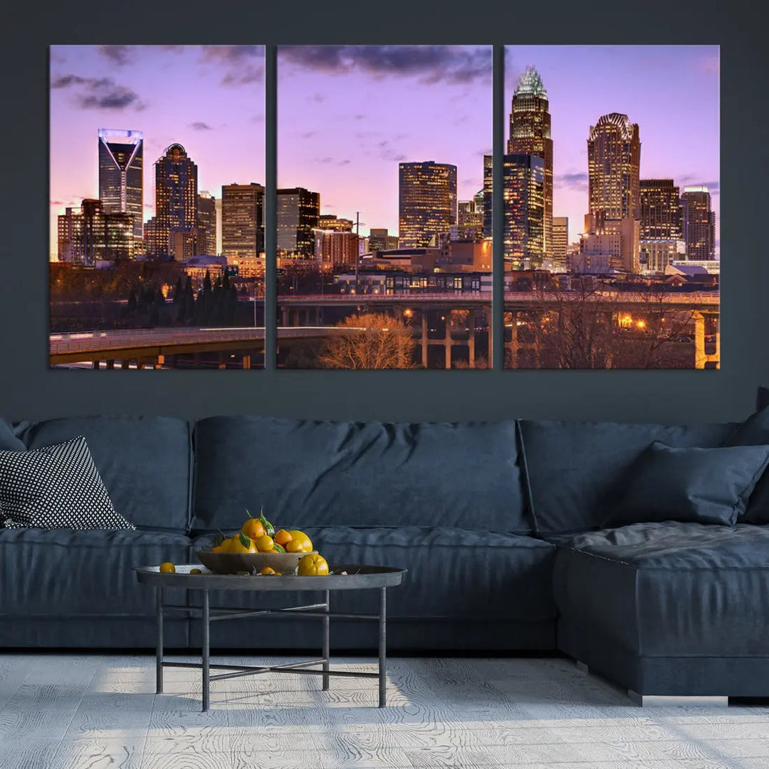 Charlotte City Purple Skyline Sunset Wall Art Cityscape Canvas Print