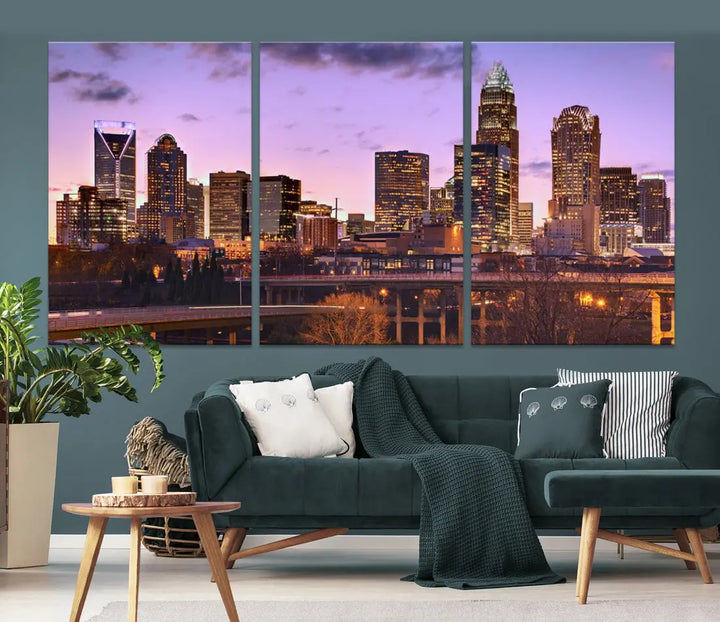 Charlotte City Purple Skyline Sunset Wall Art Cityscape Canvas Print