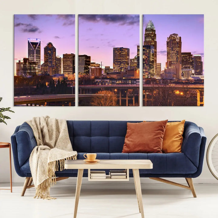 Charlotte City Purple Skyline Sunset Wall Art Cityscape Canvas Print