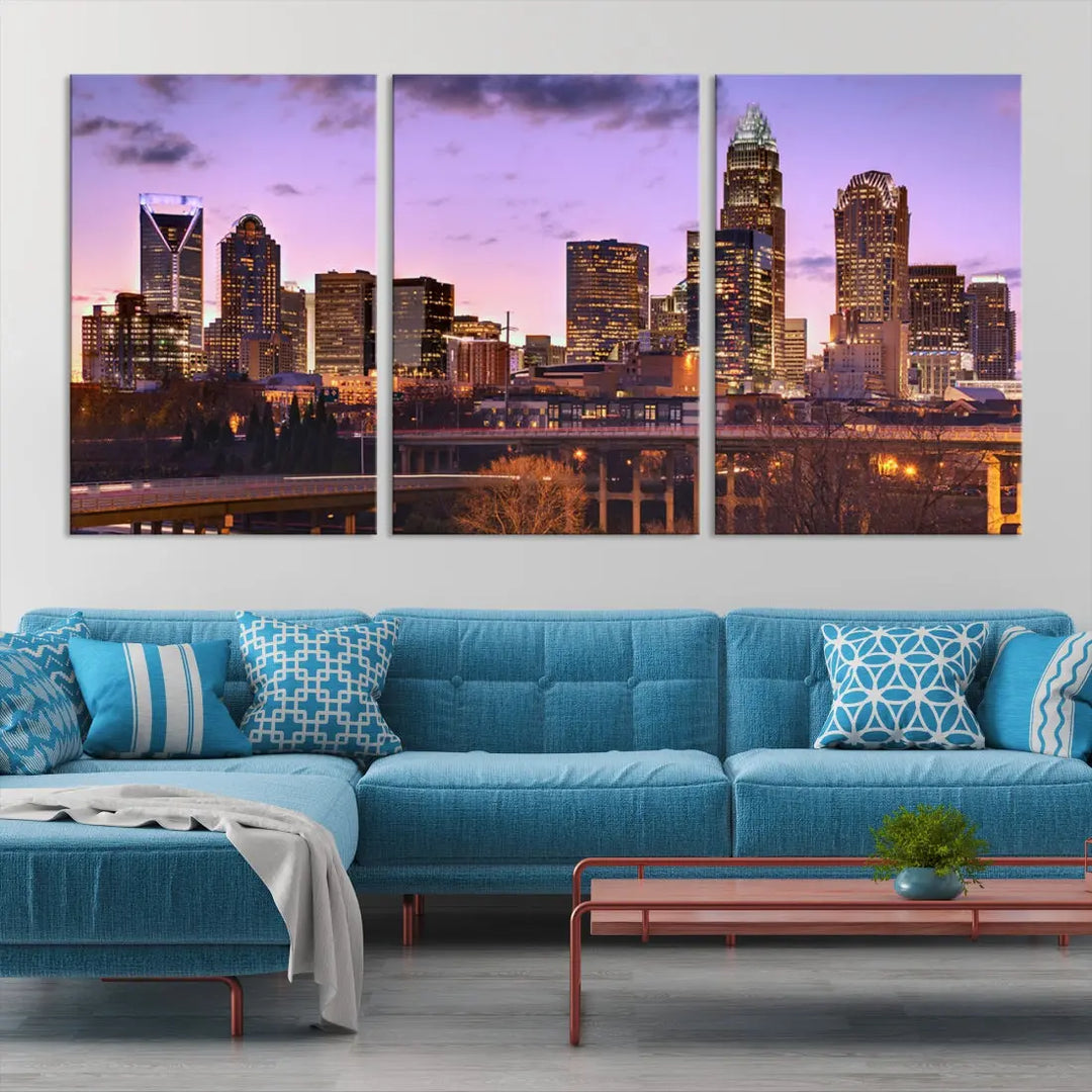 Charlotte City Purple Skyline Sunset Wall Art Cityscape Canvas Print