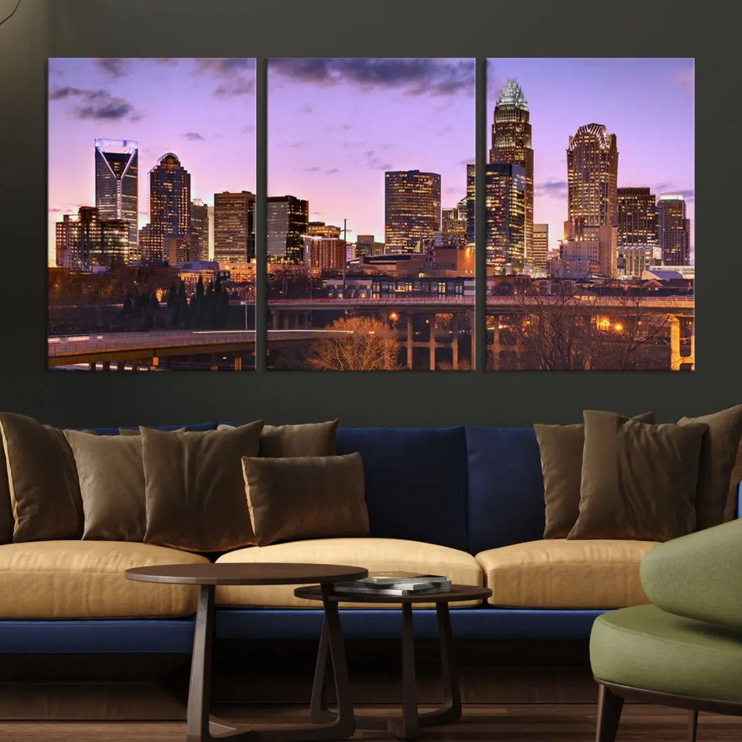 Charlotte City Purple Skyline Sunset Wall Art Cityscape Canvas Print