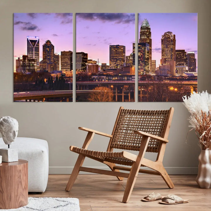 Charlotte City Purple Skyline Sunset Wall Art Cityscape Canvas Print