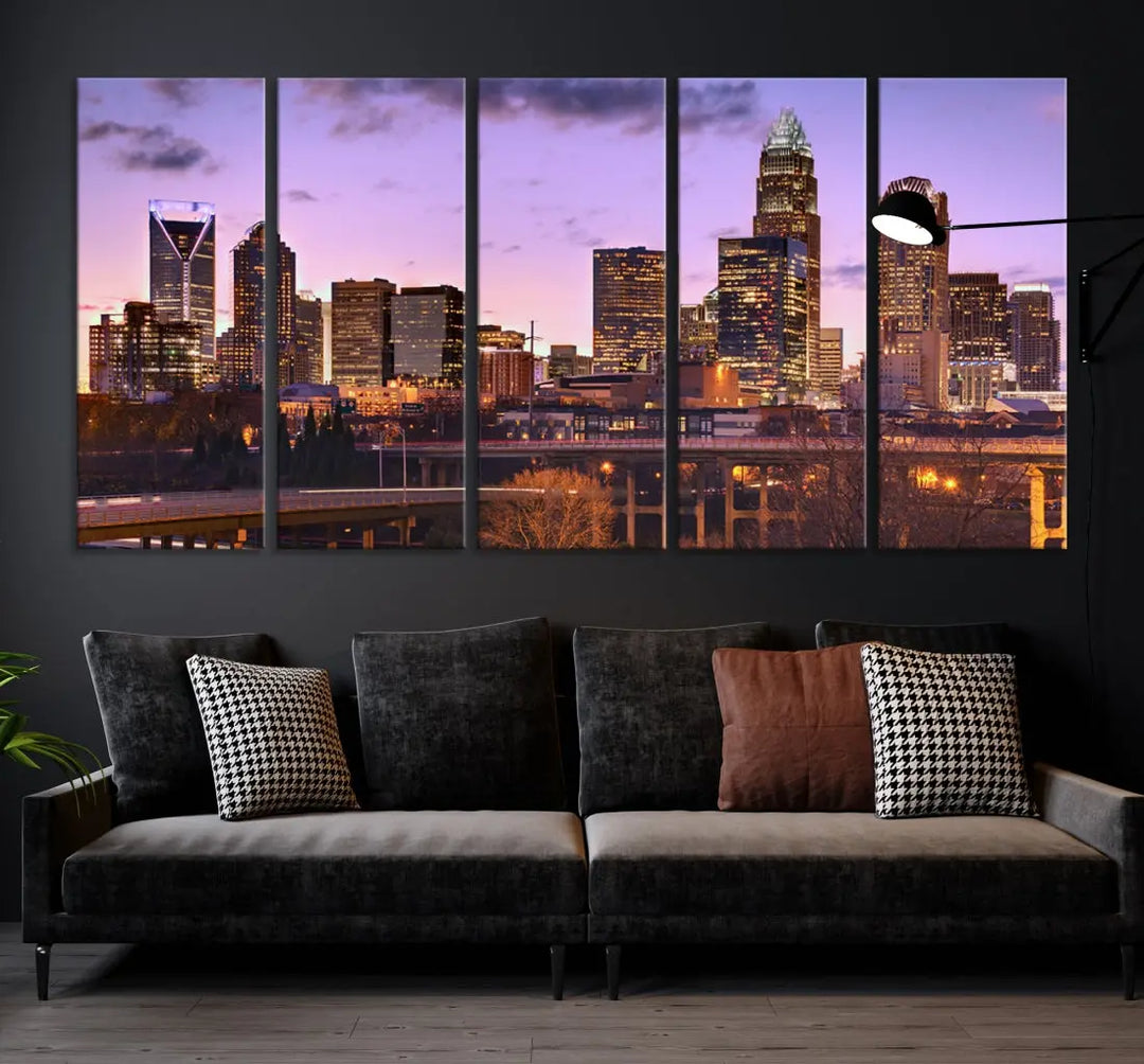 Charlotte City Purple Skyline Sunset Wall Art Cityscape Canvas Print