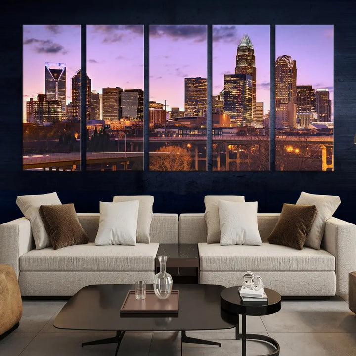 Charlotte City Purple Skyline Sunset Wall Art Cityscape Canvas Print