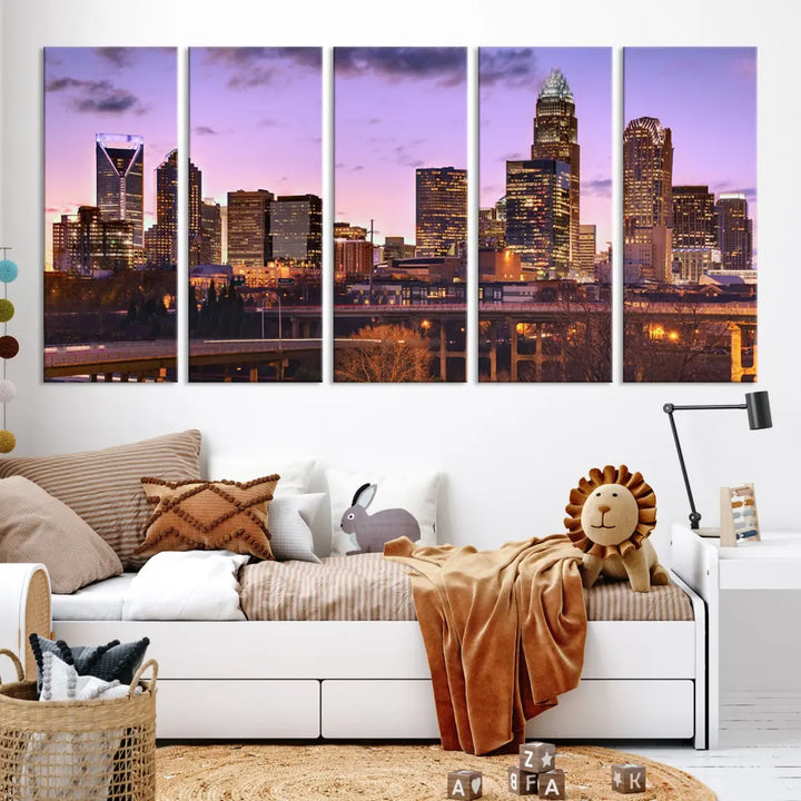 Charlotte City Purple Skyline Sunset Wall Art Cityscape Canvas Print