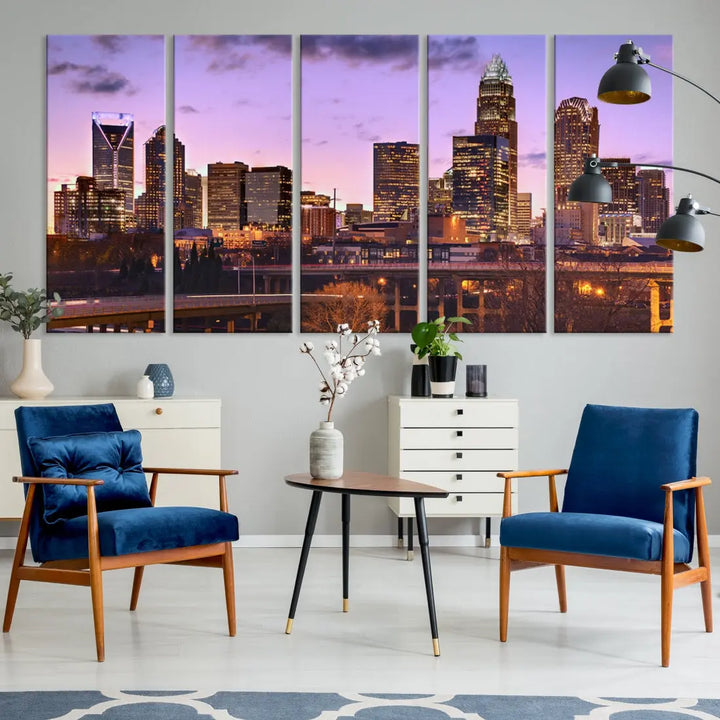 Charlotte City Purple Skyline Sunset Wall Art Cityscape Canvas Print