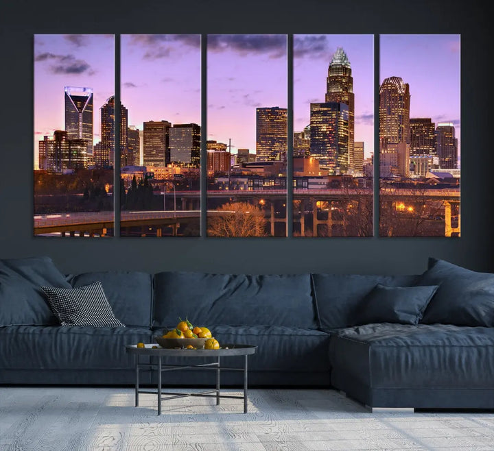 Charlotte City Purple Skyline Sunset Wall Art Cityscape Canvas Print