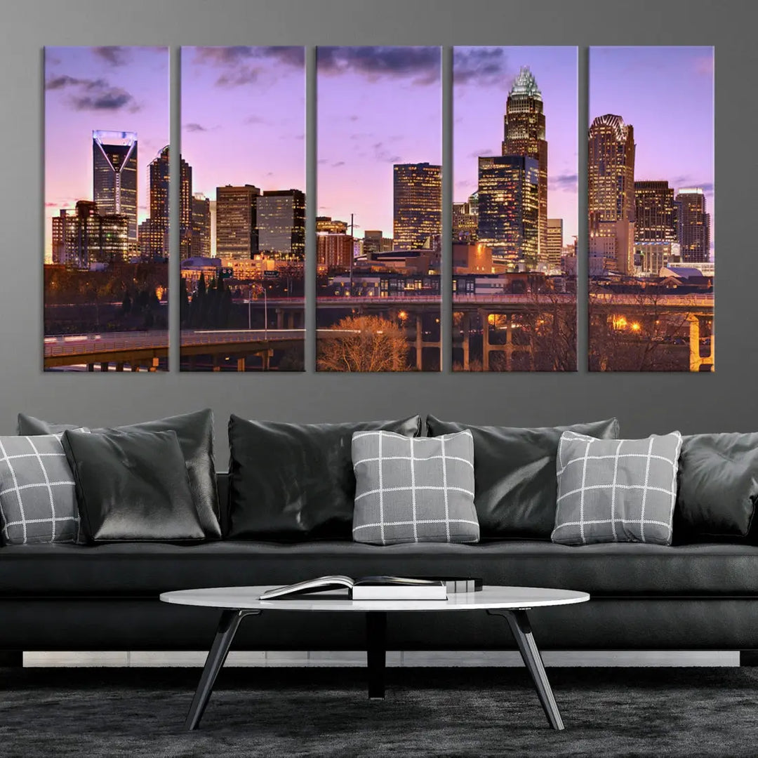 Charlotte City Purple Skyline Sunset Wall Art Cityscape Canvas Print