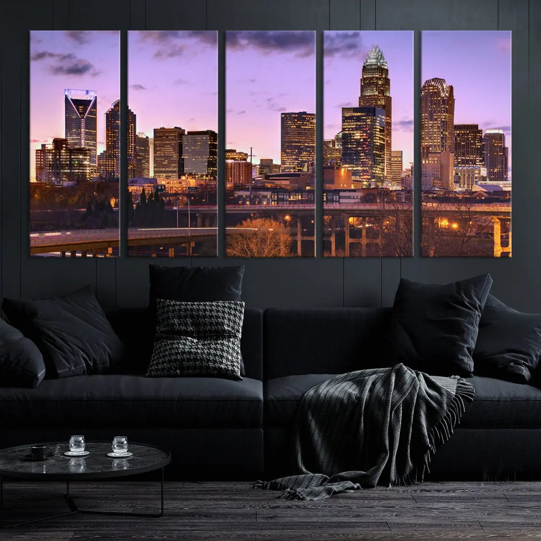 Charlotte City Purple Skyline Sunset Wall Art Cityscape Canvas Print