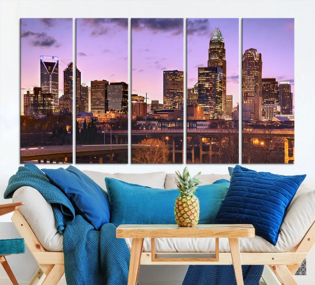 Charlotte City Purple Skyline Sunset Wall Art Cityscape Canvas Print