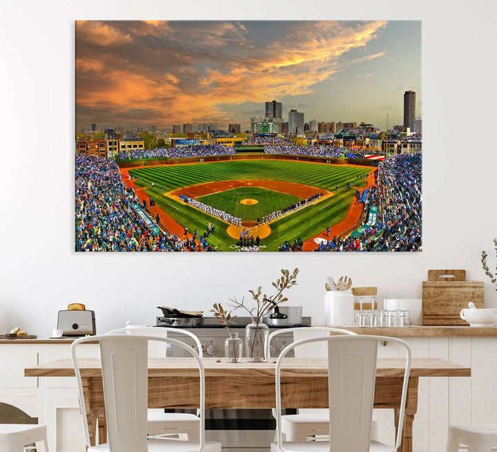 Chicago Wrigley Field Canvas Wall Art - Iconic Baseball Stadium Art Print - Wrigley Field Chicago Decor - Vibrant Chicago Skyline Stadium Art