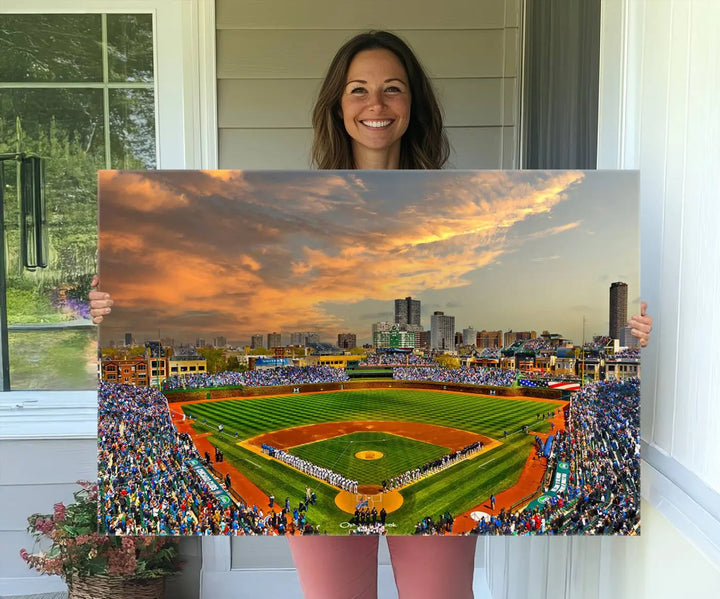 Chicago Wrigley Field Canvas Wall Art - Iconic Baseball Stadium Art Print - Wrigley Field Chicago Decor - Vibrant Chicago Skyline Stadium Art